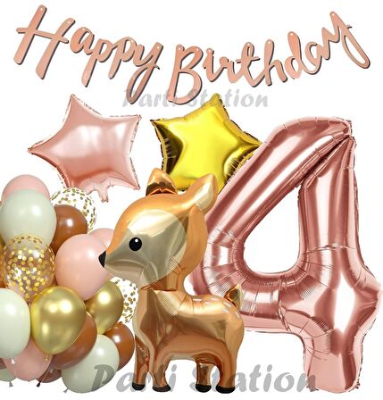 Woodland Geyik 4 Yaş Folyo Rosegold Balon Set Geyik Ceylan Doğum Günü Parti Balon Set Geyik Konsept