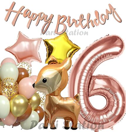 Woodland Geyik 6 Yaş Folyo Rosegold Balon Set Geyik Ceylan Doğum Günü Parti Balon Set Geyik Konsept