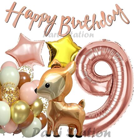 Woodland Geyik 9 Yaş Folyo Rosegold Balon Set Geyik Ceylan Doğum Günü Parti Balon Set Geyik Konsept