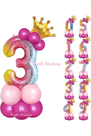 Gökkuşağı Rakam Balonlu 3 Yaş Doğum Günü Parti Karşılama Balon Seti Rengarenk Konsept Doğum Günü