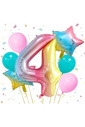 Gökkuşağı Rengarenk 4 Yaş Balon Set Yıldız Balon Folyo Set Konsept Doğum Günü Set Yaş Balon Set