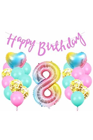 Happy Birthday Rengarenk 8 Yaş Balon Set Yıldız Balon Folyo Set Konsept Doğum Günü Set Yaş Balon Set