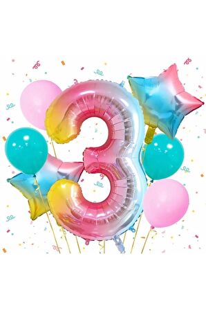 Gökkuşağı Rengarenk 3 Yaş Balon Set Yıldız Balon Folyo Set Konsept Doğum Günü Set Yaş Balon Set