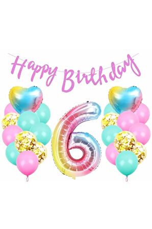 Happy Birthday Rengarenk 6 Yaş Balon Set Yıldız Balon Folyo Set Konsept Doğum Günü Set Yaş Balon Set
