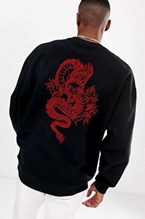 Arka-ön Dragon Baskılı Siyah Sweatshirt