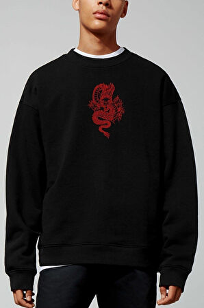 Arka-ön Dragon Baskılı Siyah Sweatshirt