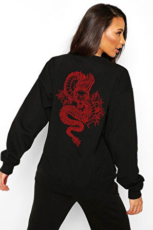 Arka-ön Dragon Baskılı Siyah Sweatshirt