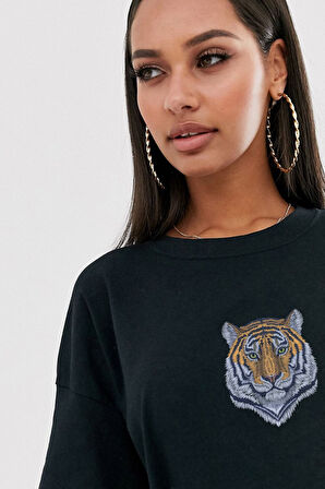 Azurco Oversize Tiger Baskılı Siyah Tshirt