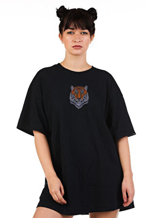 Azurco Oversize Tiger Baskılı Siyah Tshirt