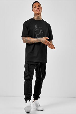 Azurco Oversize Born To Be Free Baskılı Siyah Tshirt
