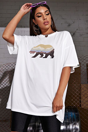 Sc Plus Oversize Colorful Bear Baskılı Beyaz Tshirt
