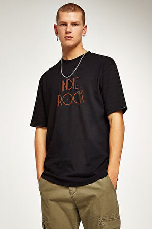 Oversize Indie Rock Baskılı Siyah Tshirt