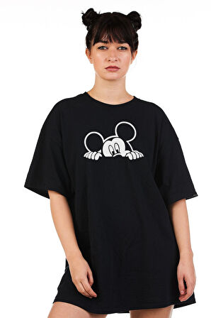 Azurco Oversize Mickey Baskılı Siyah Tshirt