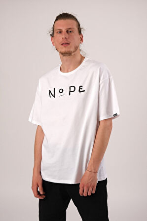 Oversize Nope Baskılı Beyaz Tshirt