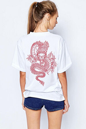 Oversize Dragon Baskılı Beyaz Tshirt