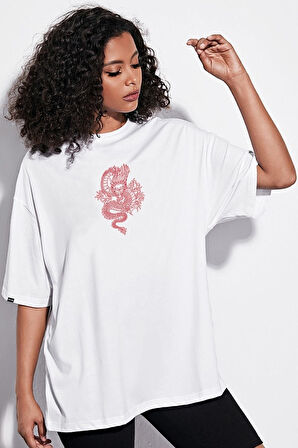 Oversize Dragon Baskılı Beyaz Tshirt