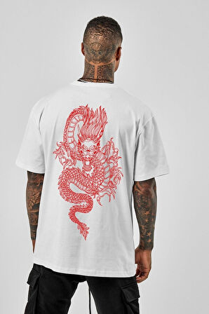 Oversize Dragon Baskılı Beyaz Tshirt