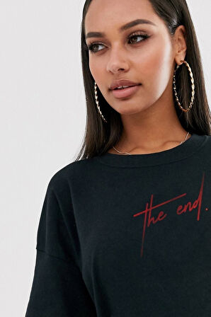 Oversize The End Baskılı Siyah Tshirt Unisex