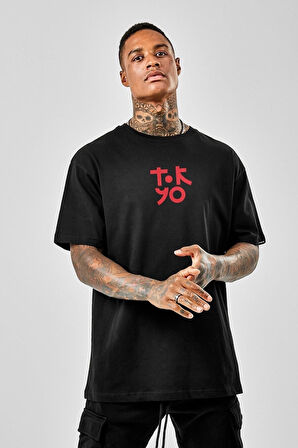 Oversize Tokyo Baskılı Siyah Tshirt