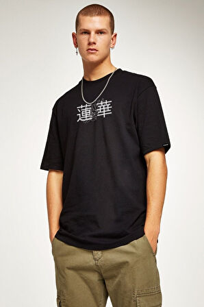 Azurco Oversize Lotus Japan Baskılı Siyah Tshirt