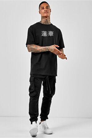 Azurco Oversize Lotus Japan Baskılı Siyah Tshirt