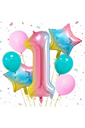 Gökkuşağı Rengarenk 1 Yaş Balon Set Yıldız Balon Folyo Set Konsept Doğum Günü Set Yaş Balon Set