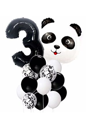 Panda 3 Yaş Balon Set Yıldız Balon Folyo Set Konsept Doğum Günü Set Yaş Balon Set