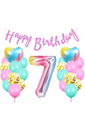 Happy Birthday Rengarenk 7 Yaş Balon Set Yıldız Balon Folyo Set Konsept Doğum Günü Set Yaş Balon Set