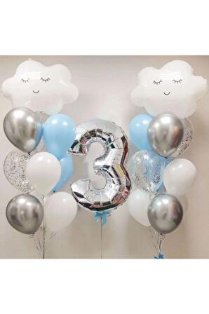 Gökyüzü Bulut 3 Yaş Balon Set Yıldız Balon Folyo Set Konsept Doğum Günü Set Yaş Balon Set