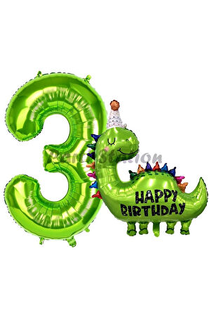 Dinozor Balon 7 Yaş Balon Set Dinozor Konsept Balon ve Yeşil Renk Rakam Balon