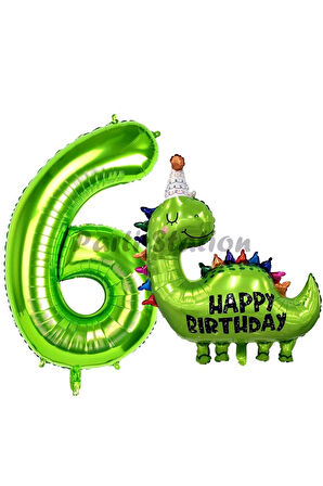 Dinozor Balon 7 Yaş Balon Set Dinozor Konsept Balon ve Yeşil Renk Rakam Balon