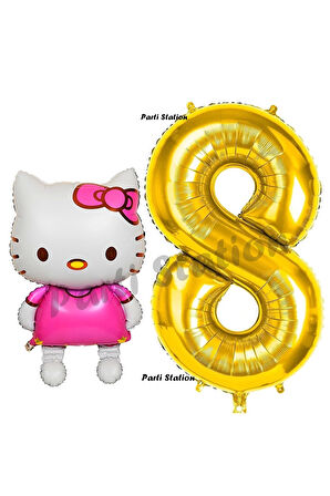 Hello Kitty 6 Yaş Balon ve Gold Rakam Balon Doğum Günü Parti Set Hello Kitty Kedi Balon