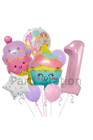 Cupcake Dondurma 4 Yaş Balon Set Şeker Dondurma Candy Balon İce Cream Konsept Doğum Günü Balon Set