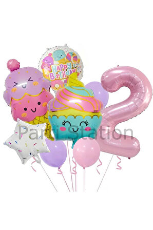 Cupcake Dondurma 4 Yaş Balon Set Şeker Dondurma Candy Balon İce Cream Konsept Doğum Günü Balon Set