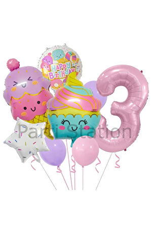 Cupcake Dondurma 4 Yaş Balon Set Şeker Dondurma Candy Balon İce Cream Konsept Doğum Günü Balon Set