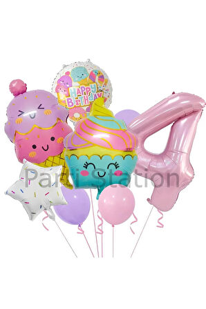 Cupcake Dondurma 4 Yaş Balon Set Şeker Dondurma Candy Balon İce Cream Konsept Doğum Günü Balon Set