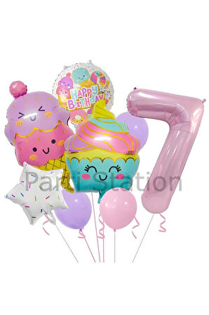 Cupcake Dondurma 4 Yaş Balon Set Şeker Dondurma Candy Balon İce Cream Konsept Doğum Günü Balon Set