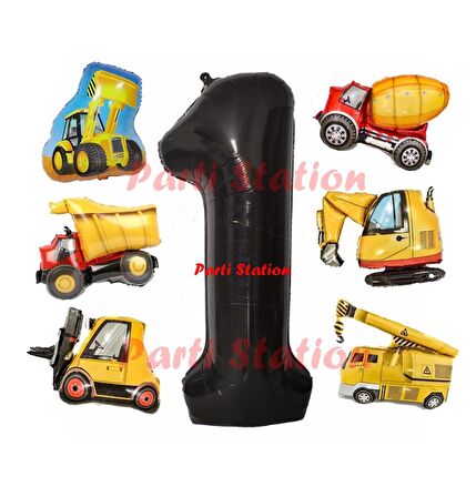 İnşaat Araçları Konsept Doğum Günü 1 Yaş Balon Set Mini Boy Kepçe Dozer Mikser Kamyon Forklift Balon