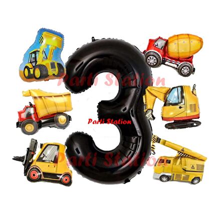 İnşaat Araçları Konsept Doğum Günü 3 Yaş Balon Set Mini Boy Kepçe Dozer Mikser Kamyon Forklift Balon