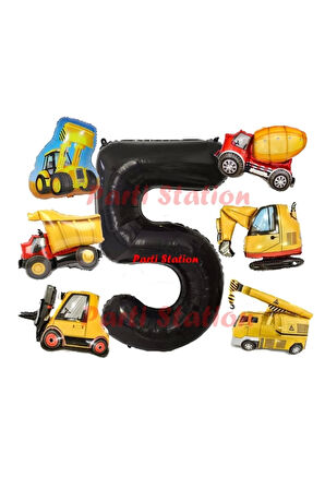 İnşaat Araçları Konsept Doğum Günü 2 Yaş Balon Set Mini Boy Kepçe Dozer Mikser Kamyon Forklift Balon