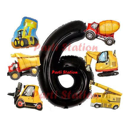 İnşaat Araçları Konsept Doğum Günü 6 Yaş Balon Set Mini Boy Kepçe Dozer Mikser Kamyon Forklift Balon