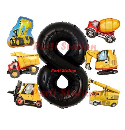 İnşaat Araçları Konsept Doğum Günü 8 Yaş Balon Set Mini Boy Kepçe Dozer Mikser Kamyon Forklift Balon