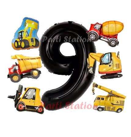 İnşaat Araçları Konsept Doğum Günü 9 Yaş Balon Set Mini Boy Kepçe Dozer Mikser Kamyon Forklift Balon