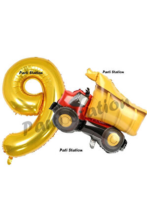 İnşaat Konsept 1 Yaş Doğum Günü Balon Set Kamyon Balon ve Gold Rakam Balon Doğum Günü Set
