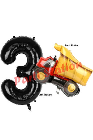 İnşaat Konsept 1 Yaş Doğum Günü Balon Set Kamyon Balon ve Siyah Rakam Balon Doğum Günü Set