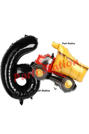 İnşaat Konsept 1 Yaş Doğum Günü Balon Set Kamyon Balon ve Siyah Rakam Balon Doğum Günü Set