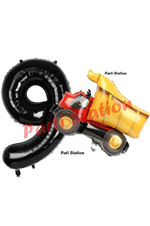 İnşaat Konsept 1 Yaş Doğum Günü Balon Set Kamyon Balon ve Siyah Rakam Balon Doğum Günü Set