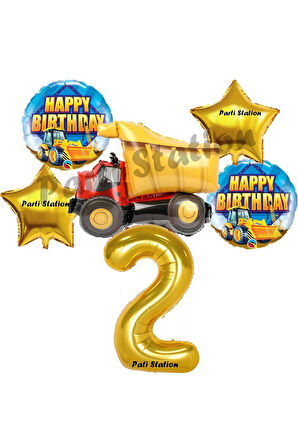 İnşaat Konsept 3 Yaş Doğum Günü Balon Set Kamyon Balon ve Gold Rakam Balon Doğum Günü Parti Set