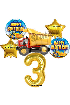İnşaat Konsept 3 Yaş Doğum Günü Balon Set Kamyon Balon ve Gold Rakam Balon Doğum Günü Parti Set