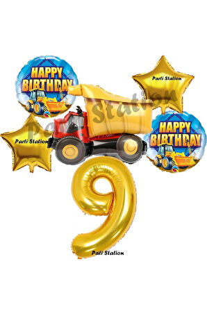 İnşaat Konsept 3 Yaş Doğum Günü Balon Set Kamyon Balon ve Gold Rakam Balon Doğum Günü Parti Set